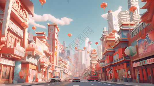 节日喜庆清新立体可爱街道建筑风景模型场景背景图片