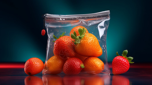 透明保鲜袋中装满新鲜草莓高清图片