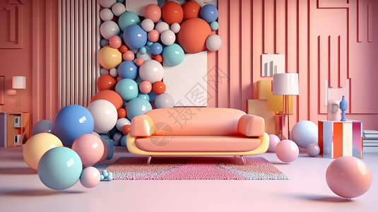 党建立体墙粉色沙发与彩色装饰球粉色背景墙插画