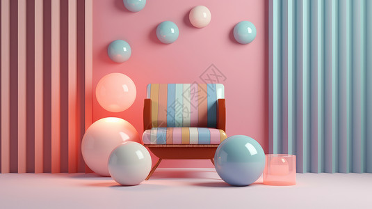 沙发皮纹背景墙马卡龙色单人彩条椅子与粉色背景墙彩色立体装饰球插画