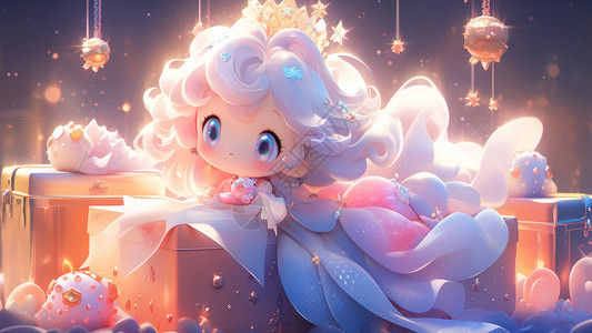 珍珠皇冠梦幻可爱大眼睛戴金色皇冠的长发卡通小公主插画