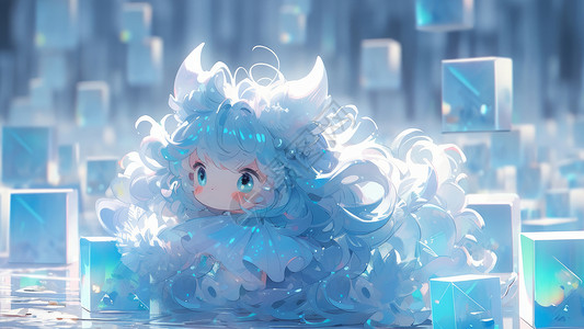 可爱有角的长发卡通女孩在蓝色冰雪世界中背景图片