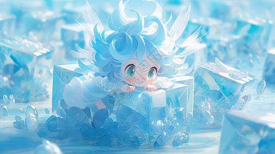 可爱蓝色冰块趴在冰块上发呆的可爱卡通蓝色头发与衣服小女孩插画