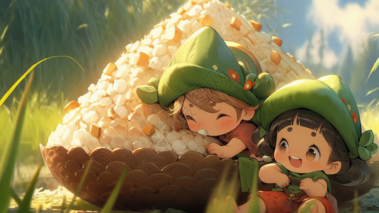 抱着蘑菇女孩抱着巨大粽子啃两个可爱的卡通小孩插画