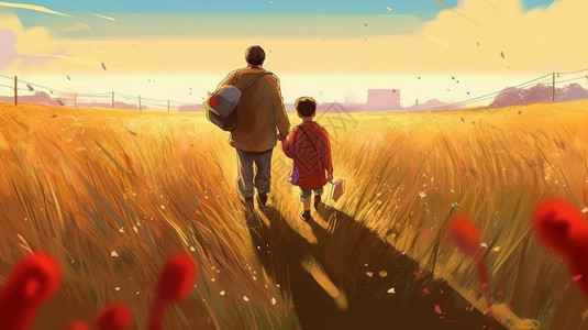 秋天野外卡通高大的父亲背着孩子的跟孩子手拉手走向远处的背影插画