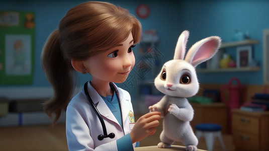 卡通穿白大褂的女医生在给卡通小白兔做检查背景图片