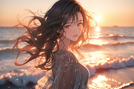 夏日海滩阳光美女手拿椰子夏日海边日落美女头发在风中飘逸插画