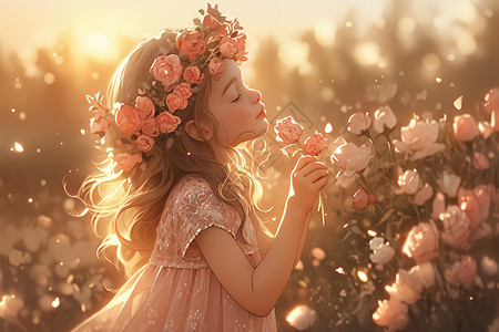 可爱快乐的小女孩拿着粉红色玫瑰花背景图片