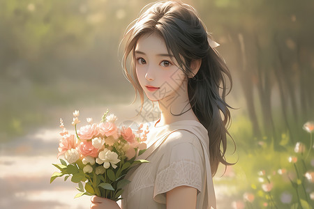一束花素材美丽的女孩看着一束花插画