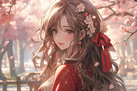公园樱花树下美丽的女孩漫画背景图片
