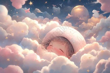 小宝宝舒适地睡在蓬松的粉红色云层高清图片