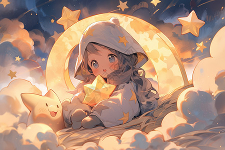 可爱卡通女孩坐在云下的新月背景图片