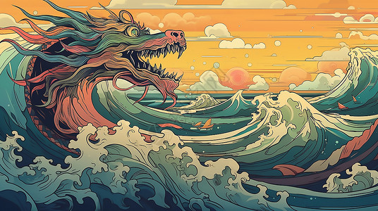 海浪里的龙绘画背景图片