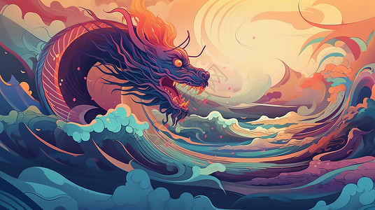 海浪里的龙绘画背景图片