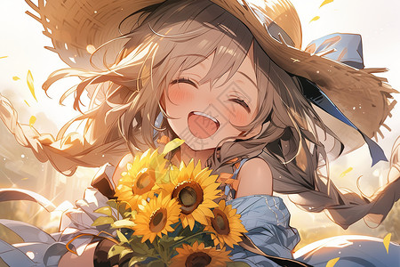 抱着向日葵花朵女孩开心大笑快乐高兴笑容可爱漫画背景图片