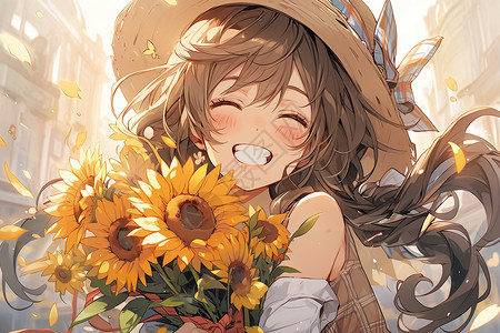 抱着向日葵花朵女孩开心大笑快乐高兴笑容可爱漫画图片