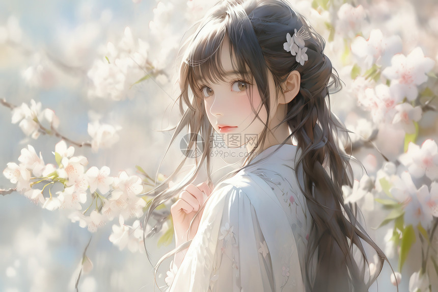 女孩穿着白色碎花连衣裙站在樱花树下图片