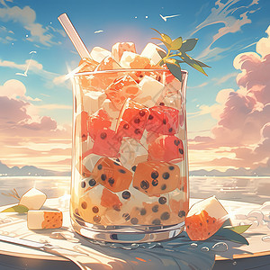 夏日特饮水果奶茶西瓜冰块背景图片