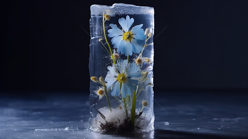 美丽的花冻在冰块里图片