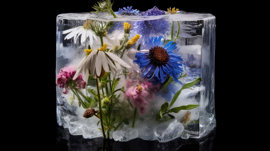 冻结在冰块中的花朵图片