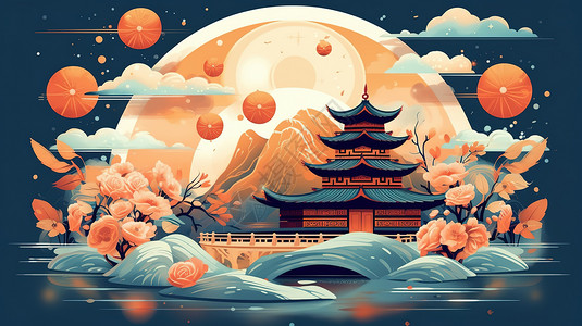 樱花主题中秋节主题平面插画节日海报插画