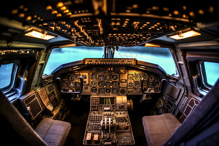 内部控制一架喷气式飞机的驾驶舱控制装置和仪表板插画