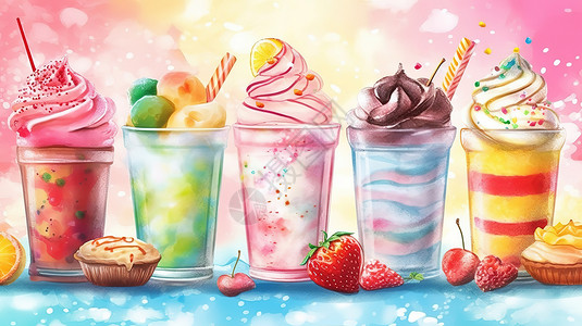 草莓香草水彩冰淇淋剪贴画插画