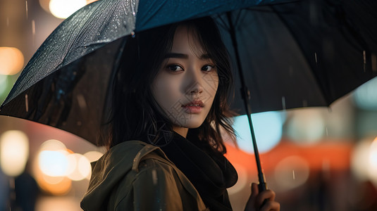 春雨年轻美丽女子撑着伞站在城市的角落高清图片