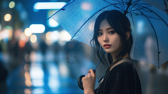 春雨年轻美丽女子撑着伞站在城市的角落高清图片
