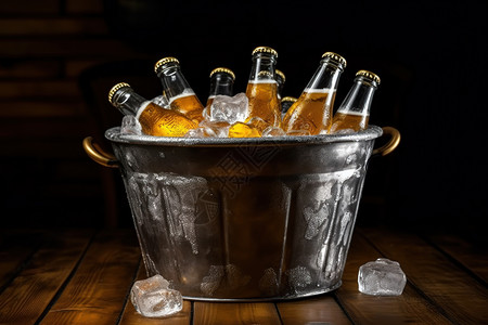 冰块上啤酒瓶装满冰块金属桶上放着啤酒插画