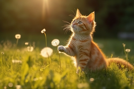 姜猫逆光橘猫绿色草地玩蒲公英插画