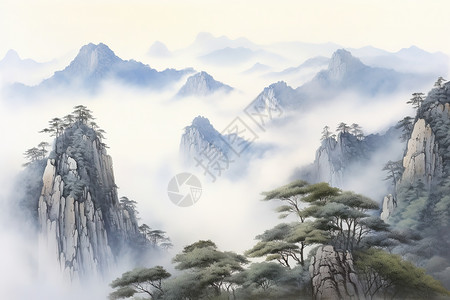 水墨风格云中国风山水画水墨风格插画