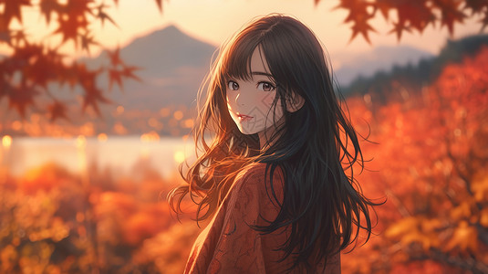 秋天红色枫叶享受秋天气氛美女漫画图片