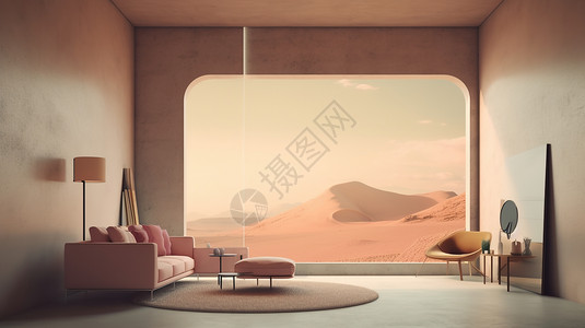 全景沙漠极简沙漠酒店室内设计场景插画