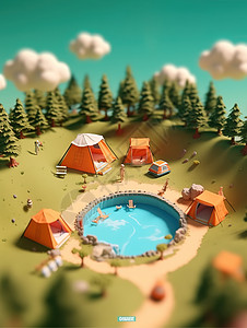 泳池景观微型帐篷泳池模型插画