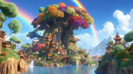 皮克斯风格彩虹树屋背景图片