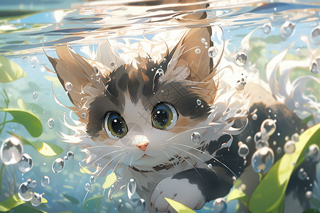 快乐小猫在水下游泳图片
