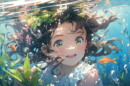 小女孩在水下游泳夏日戏水插画