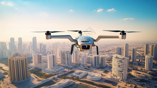 城市上空飞行的无人机插画