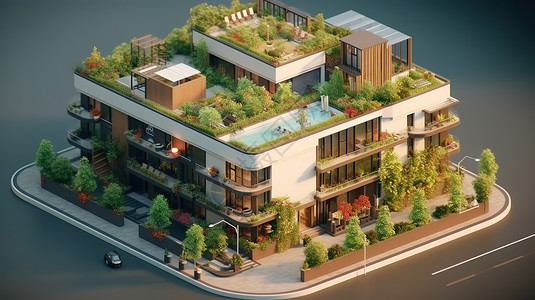 3D阳台绿化屋顶和阳台现代住宅绿植设计插画