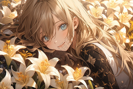 开心大笑的女孩抱着百合花花朵图片