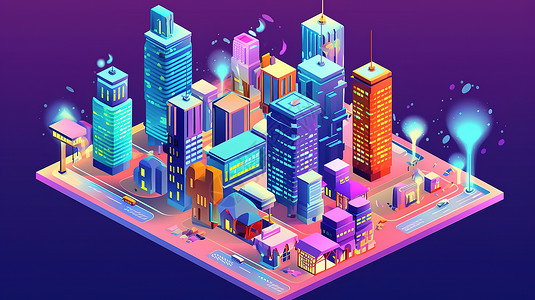 楼房模型城市夜景3D插图插画