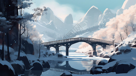 大雪山中的桥梁道路图片