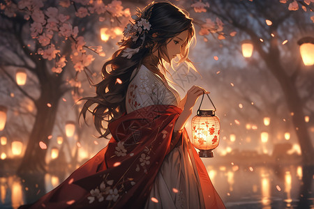 古典夜景中国汉服古典美女提着灯笼插画