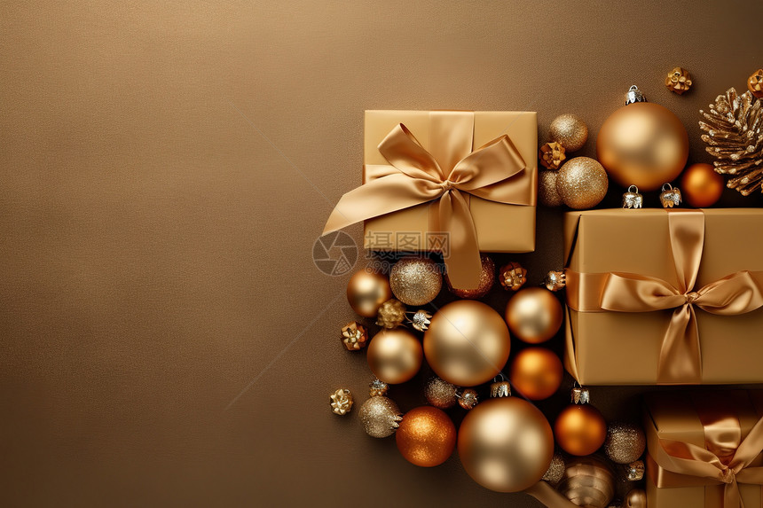 金色背景圣诞装饰品和礼物图片