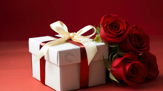 礼盒与玫瑰花束白色礼盒红玫瑰花束插画