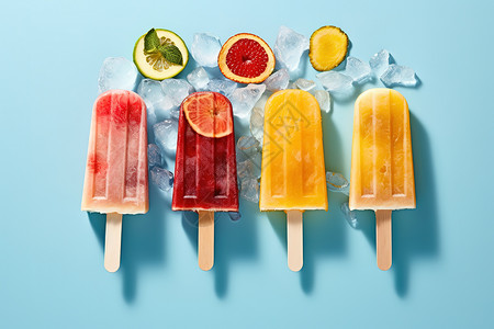 夏日水果冰淇凌夏日缤纷水果冰棍雪条平铺图插画