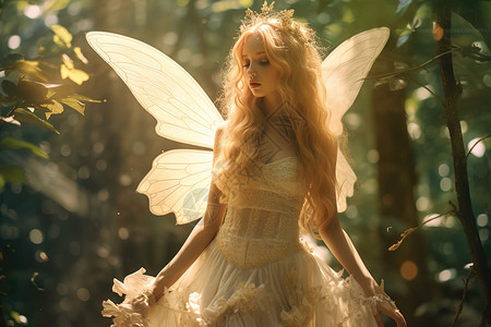 金色翅膀女孩森林夏天阳光明媚背景图片