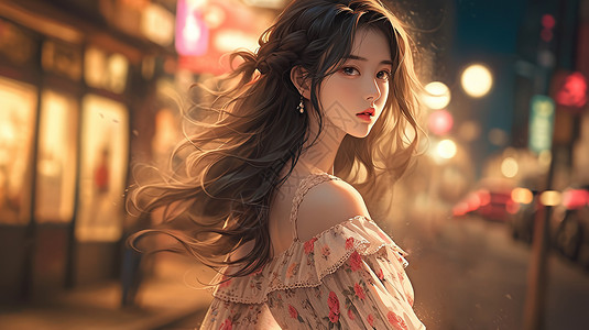 亚洲浪漫女孩穿着长裙的女孩浪漫气氛插画