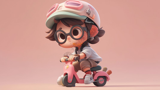 自行车复古滑板车骑粉色儿童车下巴贴着创口贴的立体卡通小男孩插画